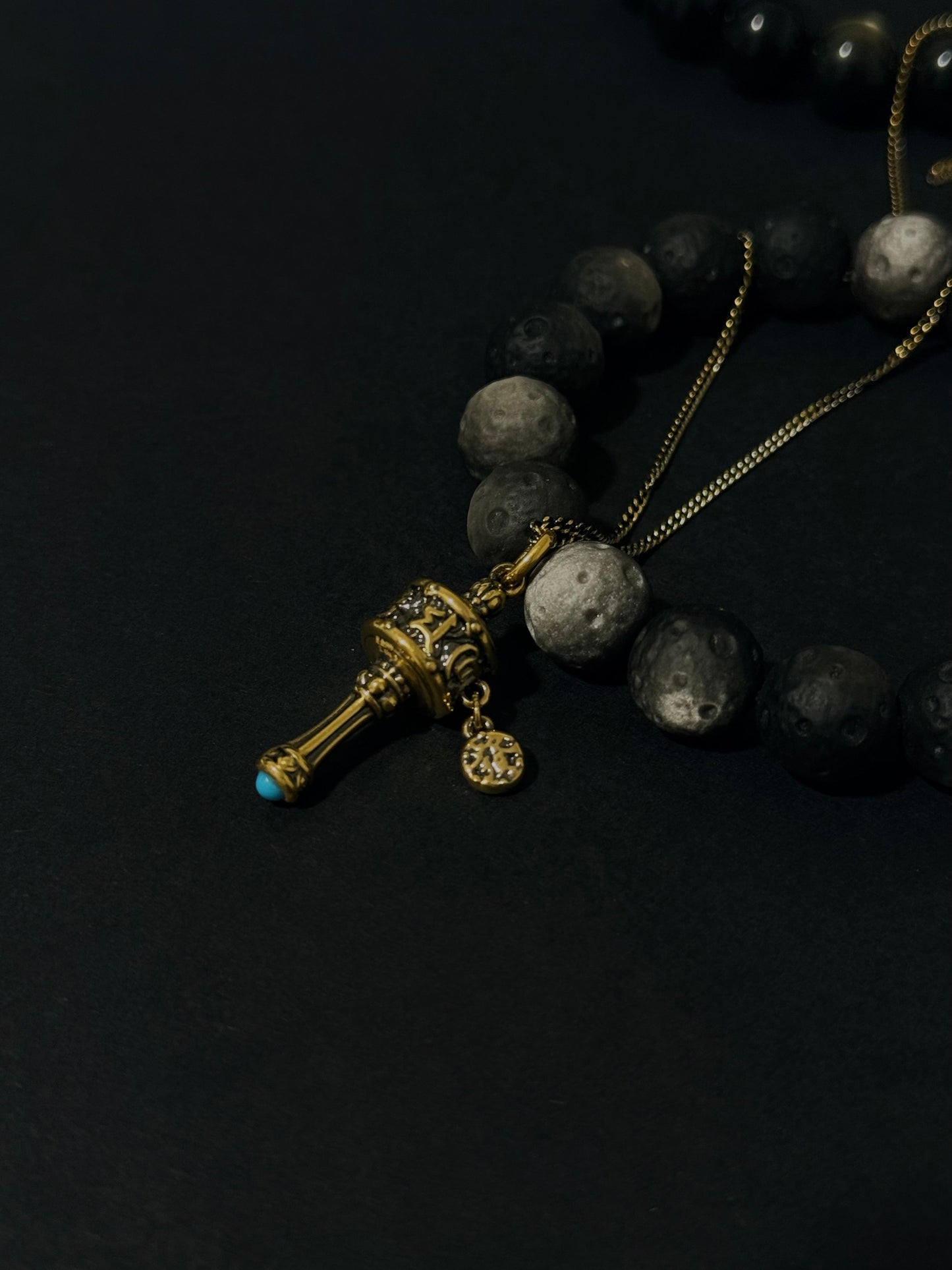 Turquoise Prayer Wheel Black Gold Pendant
