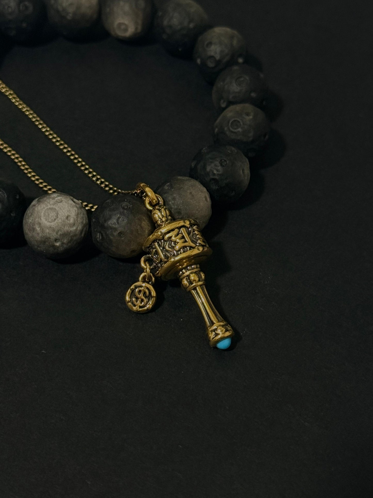 Turquoise Prayer Wheel Black Gold Pendant